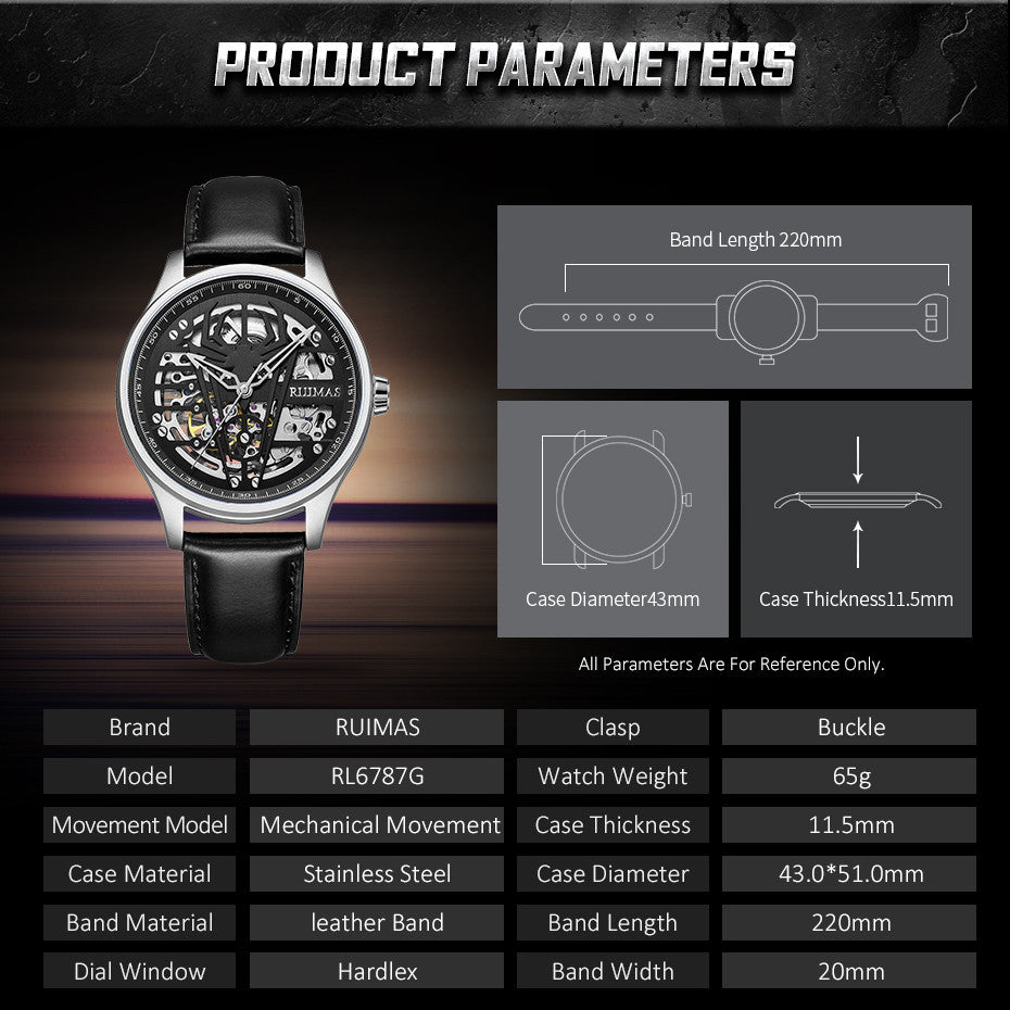 RUIMAS Mens Watches Leather Sports Watches Men's Army Military Wrist Watch Automatic Mechanical Male Clock Reloj Hombre 6787